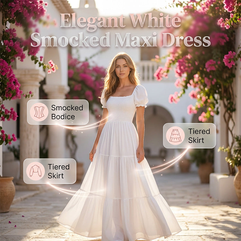 ✨Women's Elegant Smocked Maxi Dress – figurschmeichelnd, luftig & vielseitig – perfekt für Alltag, Strand & besondere Anlässe