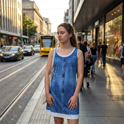 💙Zweiteiliges Damenkleid aus Kunstleder mit Jeansprint – stylischer 2-in-1-Look, bequem & vielseitig – perfekt für Partys, Ausflüge & besondere Anlässe