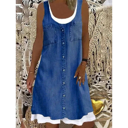 💙Zweiteiliges Damenkleid aus Kunstleder mit Jeansprint – stylischer 2-in-1-Look, bequem & vielseitig – perfekt für Partys, Ausflüge & besondere Anlässe