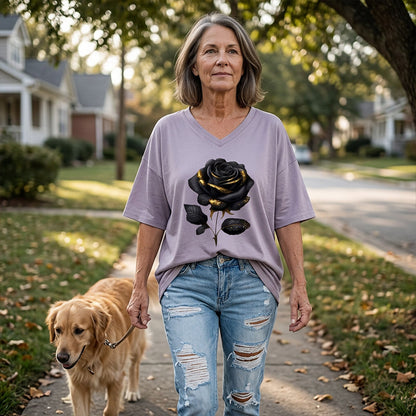 🌹 Damen-T-Shirt in Übergröße mit Rosenmuster und V-Ausschnitt – bequem, luftig & vielseitig – perfekt für Alltag, Strand & Freizeit