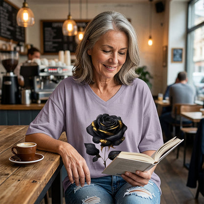 🌹 Damen-T-Shirt in Übergröße mit Rosenmuster und V-Ausschnitt – bequem, luftig & vielseitig – perfekt für Alltag, Strand & Freizeit