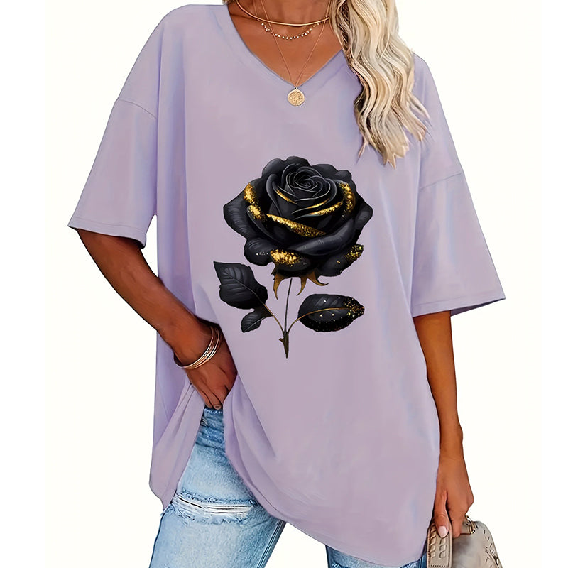 🌹 Damen-T-Shirt in Übergröße mit Rosenmuster und V-Ausschnitt – bequem, luftig & vielseitig – perfekt für Alltag, Strand & Freizeit