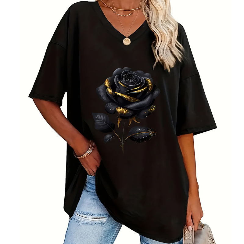 🌹 Damen-T-Shirt in Übergröße mit Rosenmuster und V-Ausschnitt – bequem, luftig & vielseitig – perfekt für Alltag, Strand & Freizeit