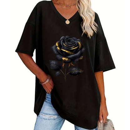 🌹 Damen-T-Shirt in Übergröße mit Rosenmuster und V-Ausschnitt – bequem, luftig & vielseitig – perfekt für Alltag, Strand & Freizeit