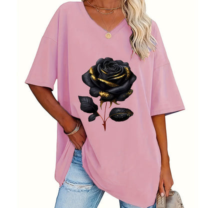 🌹 Damen-T-Shirt in Übergröße mit Rosenmuster und V-Ausschnitt – bequem, luftig & vielseitig – perfekt für Alltag, Strand & Freizeit