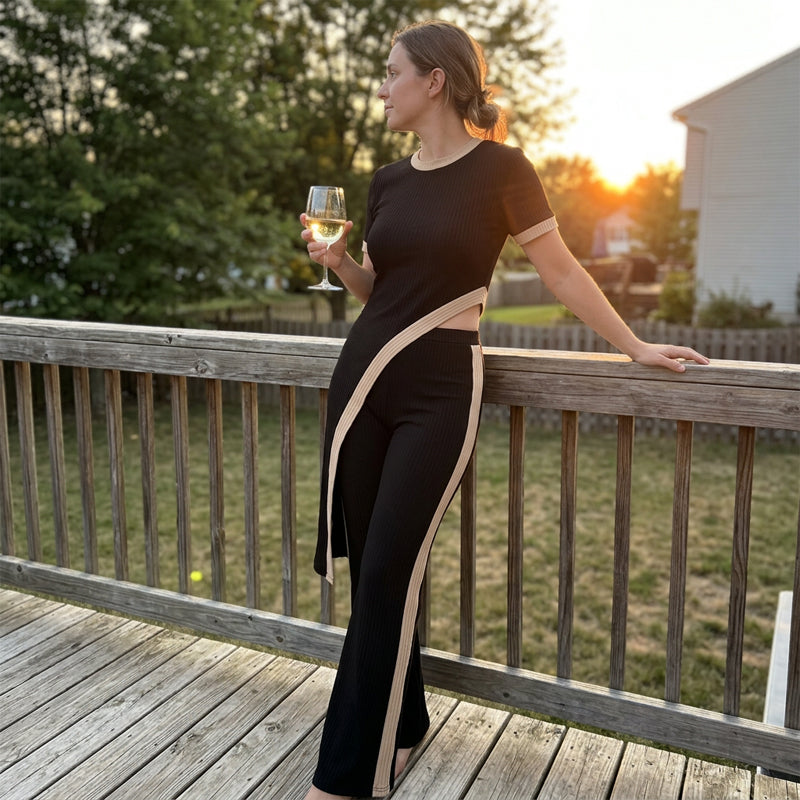 🌺 Damen Set aus Kurzarm-Oberteil & ausgestellter Hose – bequem, luftig & perfekt aufeinander abgestimmt – ideal für Alltag, Strand & Freizeit