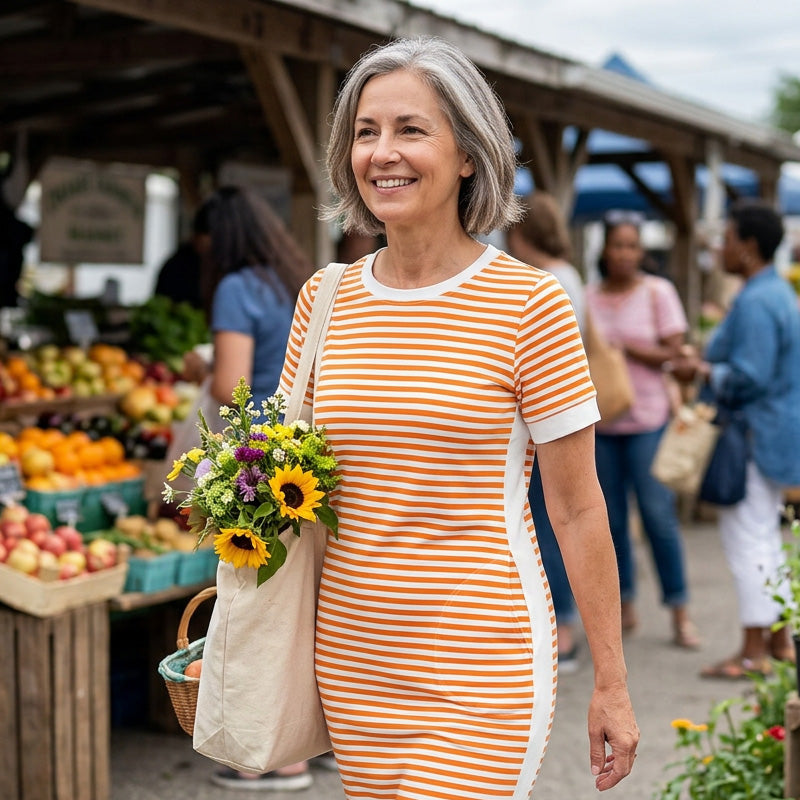 👗 Gestreiftes Midi-Kleid mit kurzen Ärmeln für Damen – luftig, bequem & vielseitig – perfekt für Alltag, Strand & Freizeit