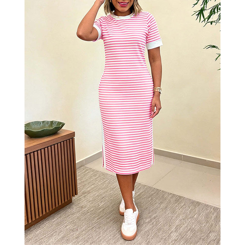 👗 Gestreiftes Midi-Kleid mit kurzen Ärmeln für Damen – luftig, bequem & vielseitig – perfekt für Alltag, Strand & Freizeit