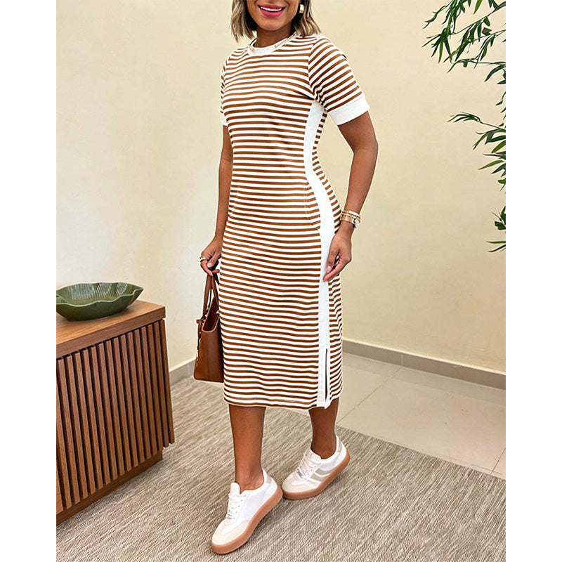 👗 Gestreiftes Midi-Kleid mit kurzen Ärmeln für Damen – luftig, bequem & vielseitig – perfekt für Alltag, Strand & Freizeit