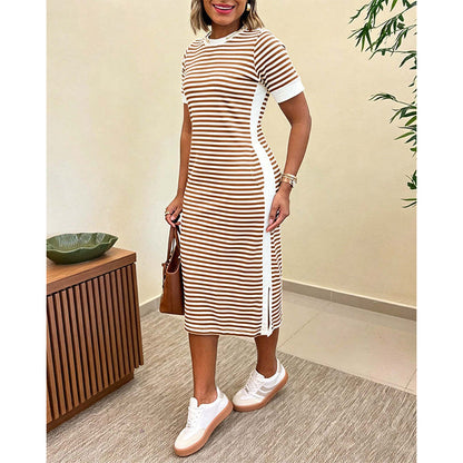 👗 Gestreiftes Midi-Kleid mit kurzen Ärmeln für Damen – luftig, bequem & vielseitig – perfekt für Alltag, Strand & Freizeit