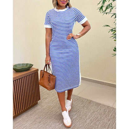 👗 Gestreiftes Midi-Kleid mit kurzen Ärmeln für Damen – luftig, bequem & vielseitig – perfekt für Alltag, Strand & Freizeit