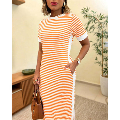 👗 Gestreiftes Midi-Kleid mit kurzen Ärmeln für Damen – luftig, bequem & vielseitig – perfekt für Alltag, Strand & Freizeit