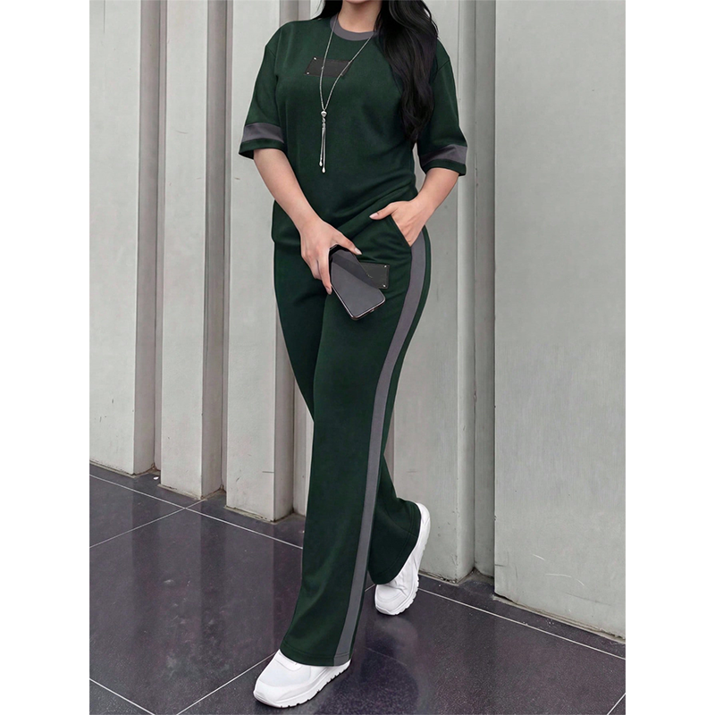 Women's Casual Two-Piece Lounge Set with Stripe Detail