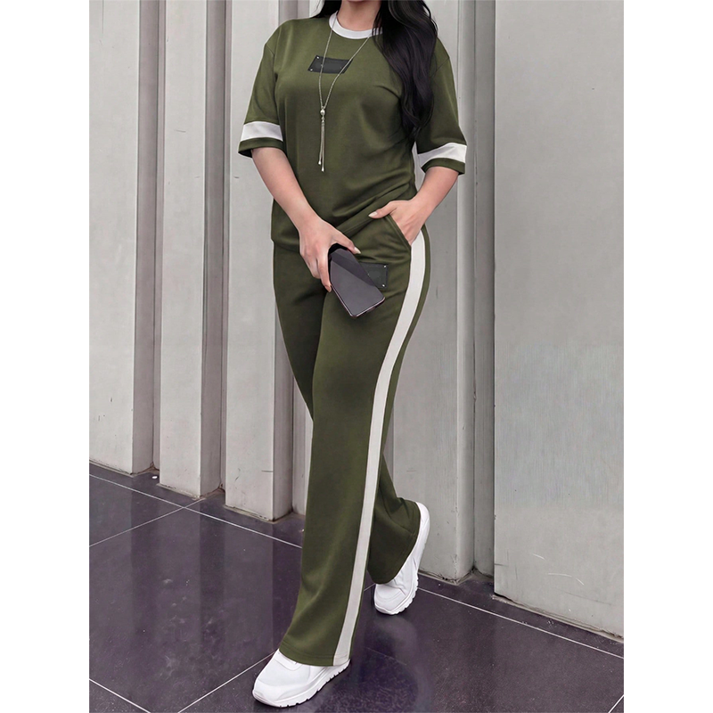 Women's Casual Two-Piece Lounge Set with Stripe Detail