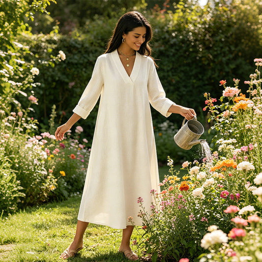✨ New Arrivals Now on Sale! Women's V-Neck Cotton Linen A-Line Dress – luftig, bequem & vielseitig – perfekt für Alltag, Strand & Freizeit