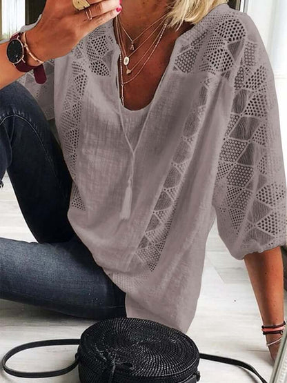 👚 50% RABATT JETZT! 🌸 Damen U-Ausschnitt Häkelbluse – Quasten-Kordelzug & Kurzarm – Lässig Sommerlich Chic 🌿
