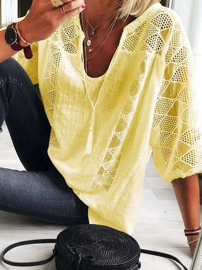 👚 50% RABATT JETZT! 🌸 Damen U-Ausschnitt Häkelbluse – Quasten-Kordelzug & Kurzarm – Lässig Sommerlich Chic 🌿