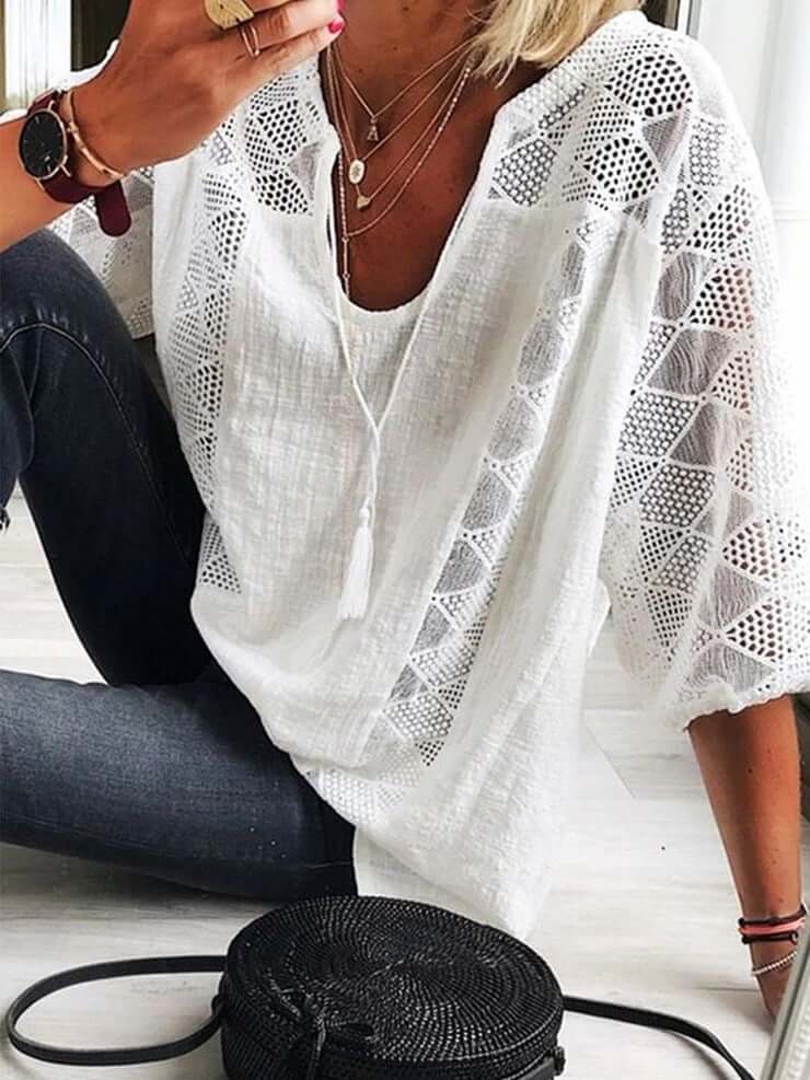 👚 50% RABATT JETZT! 🌸 Damen U-Ausschnitt Häkelbluse – Quasten-Kordelzug & Kurzarm – Lässig Sommerlich Chic 🌿
