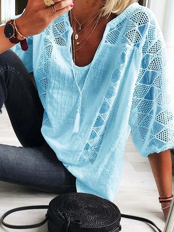 👚 50% RABATT JETZT! 🌸 Damen U-Ausschnitt Häkelbluse – Quasten-Kordelzug & Kurzarm – Lässig Sommerlich Chic 🌿