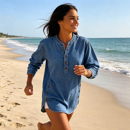 ✨Women's V-Neck Loose Denim Shirt – lässig, bequem & vielseitig – perfekt für Alltag, Büro & Freizeit