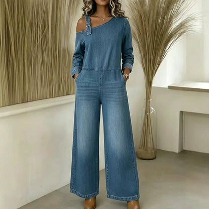 Versandkostenfrei⏰ Nur noch heute 50% Rabatt! 👖 Damen asymmetrischer schulterfreier Jeans-Jumpsuit