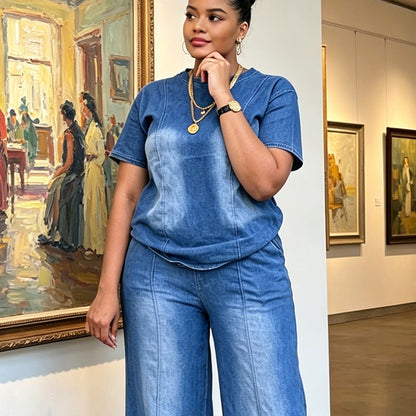 Damen lässiges zweiteiliges Denim-Set aus Oberteil und Hose
