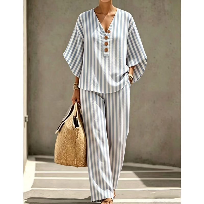 ⌛Zeitlich begrenztes Angebot – Set aus gestreiftem Damen-Top mit V-Ausschnitt und Hose mit weitem Bein
