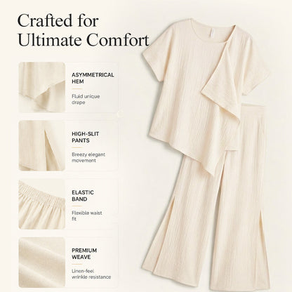 👗Set aus asymmetrischem Damenoberteil und weit geschnittener Hose mit Schlitz – elegantes Statement-Set ✨