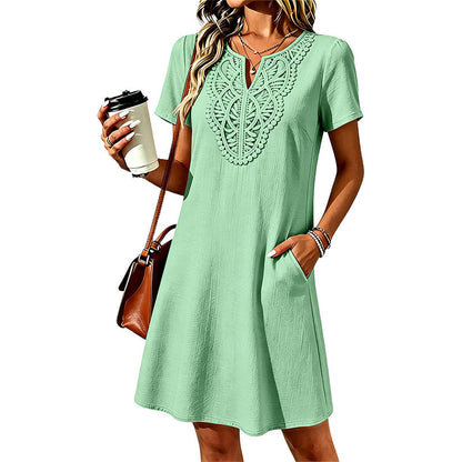 Damen Bohemian Spitzen V-Ausschnitt T-Shirt-Kleid