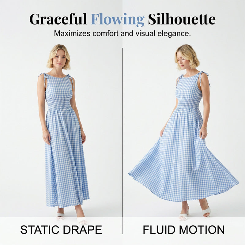 👗 Retro-Maxikleid in Karo-Optik – mit Smok-Oberteil & verstellbaren Trägern, bequem & elegant für Alltag, Strand & Sommer 🌸☀️