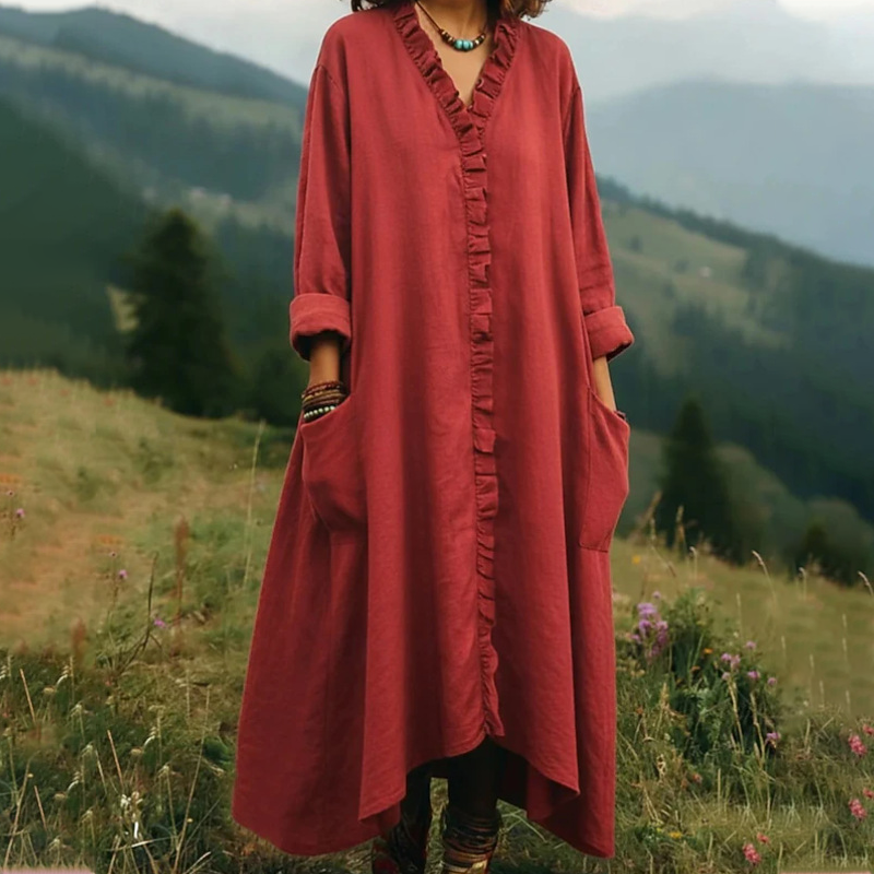 V-Neck Ruffle Trim Loose Maxi Dress