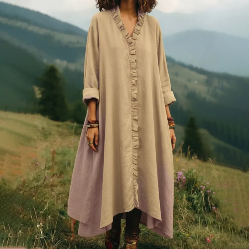 V-Neck Ruffle Trim Loose Maxi Dress