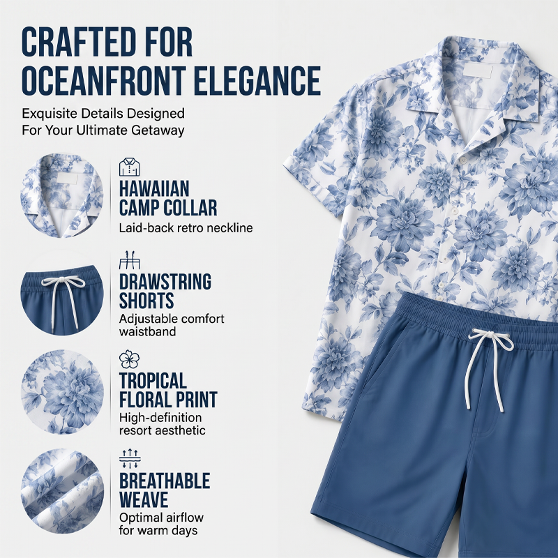 🌴☀️ Herren Tropenblumen Zweiteiler-Set – Kurzarm Hawaii-Hemd & passende Shorts, leicht & atmungsaktiv für Strand & Urlaub
