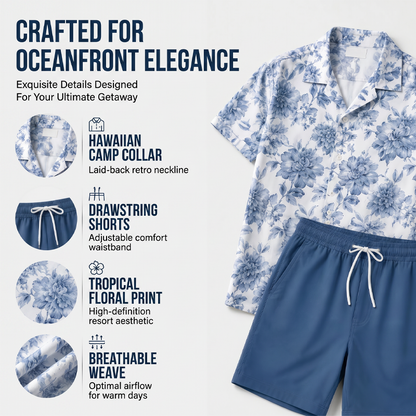 🌴☀️ Herren Tropenblumen Zweiteiler-Set – Kurzarm Hawaii-Hemd & passende Shorts, leicht & atmungsaktiv für Strand & Urlaub