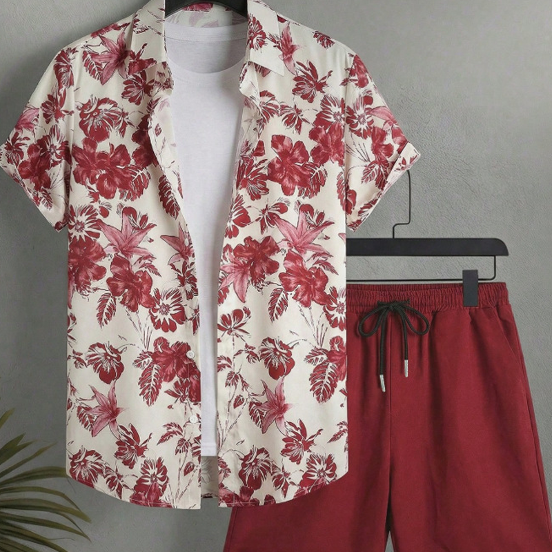 🌴☀️ Herren Tropenblumen Zweiteiler-Set – Kurzarm Hawaii-Hemd & passende Shorts, leicht & atmungsaktiv für Strand & Urlaub