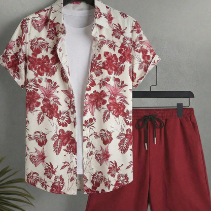 🌴☀️ Herren Tropenblumen Zweiteiler-Set – Kurzarm Hawaii-Hemd & passende Shorts, leicht & atmungsaktiv für Strand & Urlaub