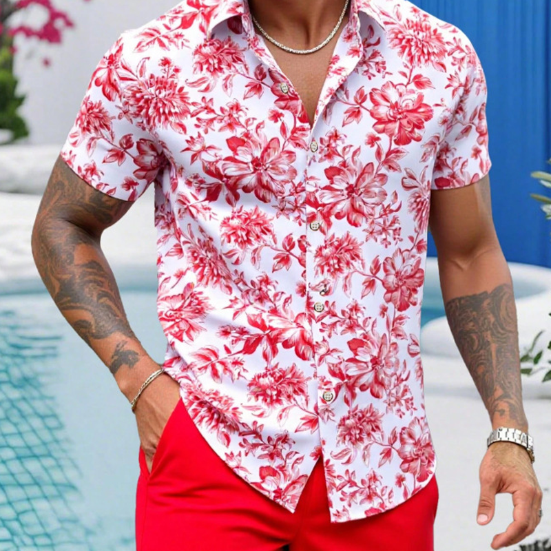 🌴☀️ Herren Tropenblumen Zweiteiler-Set – Kurzarm Hawaii-Hemd & passende Shorts, leicht & atmungsaktiv für Strand & Urlaub