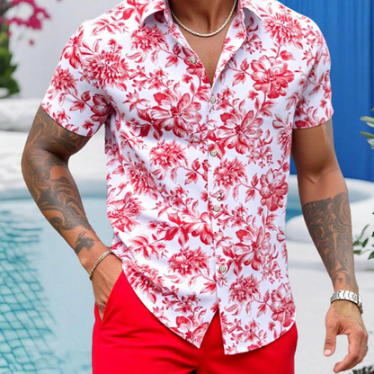 🌴☀️ Herren Tropenblumen Zweiteiler-Set – Kurzarm Hawaii-Hemd & passende Shorts, leicht & atmungsaktiv für Strand & Urlaub