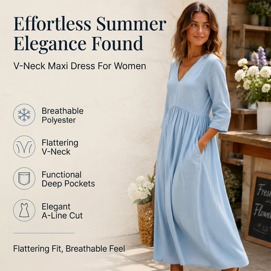 👗✨ Maxikleid für Damen mit V-Ausschnitt und 3/4-Ärmeln – elegant, luftig & vielseitig – perfekt für warme Tage, Strand & besondere Anlässe