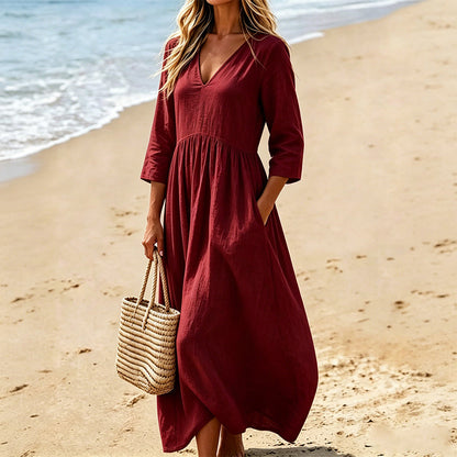 Maxikleid für Damen mit V-Ausschnitt und 3/4-Ärmeln