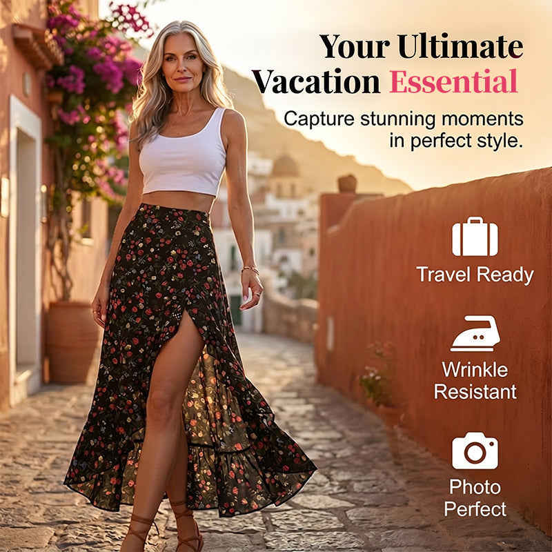 🌺Damen-Midirock mit Blumenmuster, hoher Taille, Rüschen und Schlitz für den Sommerurlaub