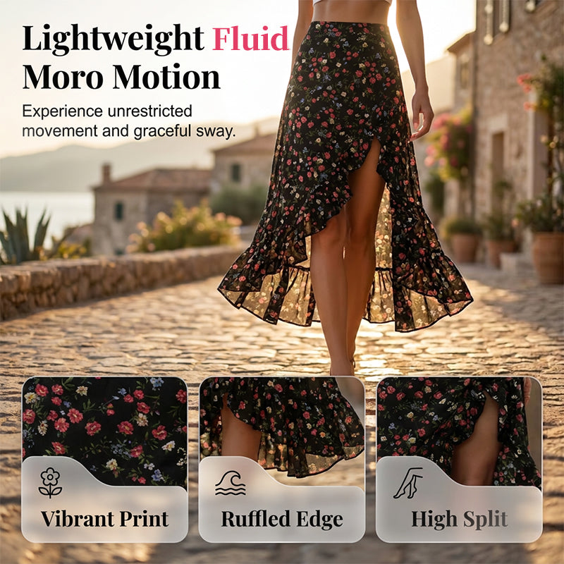 🌺Damen-Midirock mit Blumenmuster, hoher Taille, Rüschen und Schlitz für den Sommerurlaub