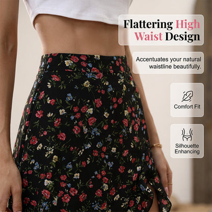 🌺Damen-Midirock mit Blumenmuster, hoher Taille, Rüschen und Schlitz für den Sommerurlaub