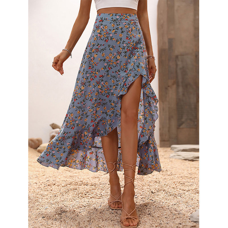 🌺Damen-Midirock mit Blumenmuster, hoher Taille, Rüschen und Schlitz für den Sommerurlaub