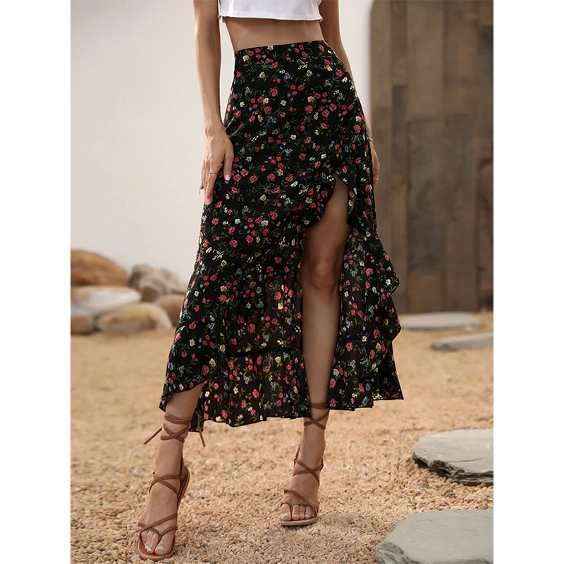 🌺Damen-Midirock mit Blumenmuster, hoher Taille, Rüschen und Schlitz für den Sommerurlaub