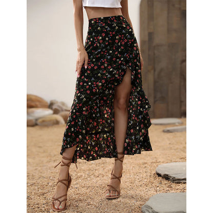 🌺Damen-Midirock mit Blumenmuster, hoher Taille, Rüschen und Schlitz für den Sommerurlaub