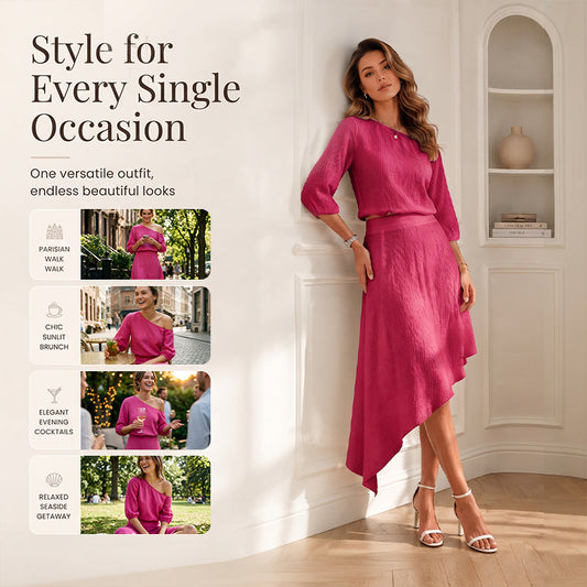 👗 Asymmetrisches Rock-Set mit schulterfreiem Oberteil – moderner Look, vielseitig & perfekt aufeinander abgestimmt – ideal für warme Tage, Partys & besondere Anlässe