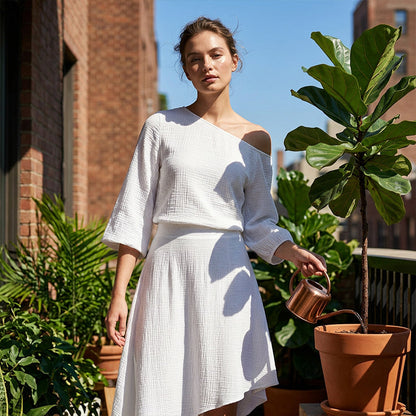 👗✨ Asymmetrisches Rock-Set mit schulterfreiem Oberteil