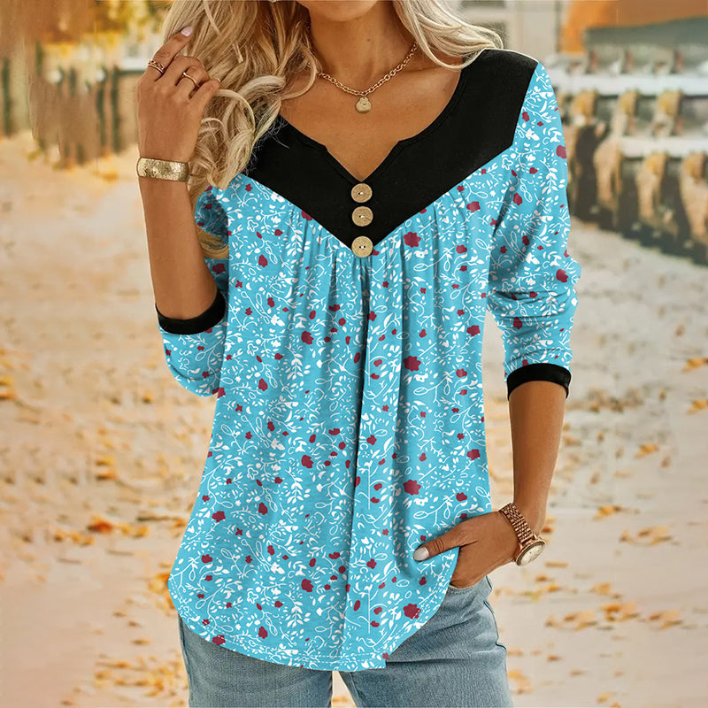 🌸✨ Vintage Blumenprint-Langarm-T-Shirt mit V-Ausschnitt – romantischer Look, atmungsaktiv & vielseitig – perfekt für Alltag, Büro & Freizeit