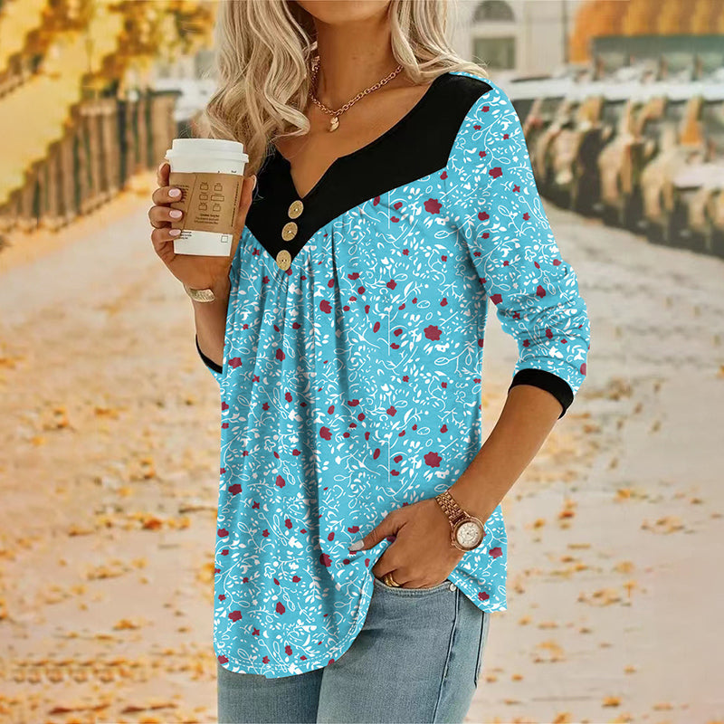 🌸✨ Vintage Blumenprint-Langarm-T-Shirt mit V-Ausschnitt – romantischer Look, atmungsaktiv & vielseitig – perfekt für Alltag, Büro & Freizeit